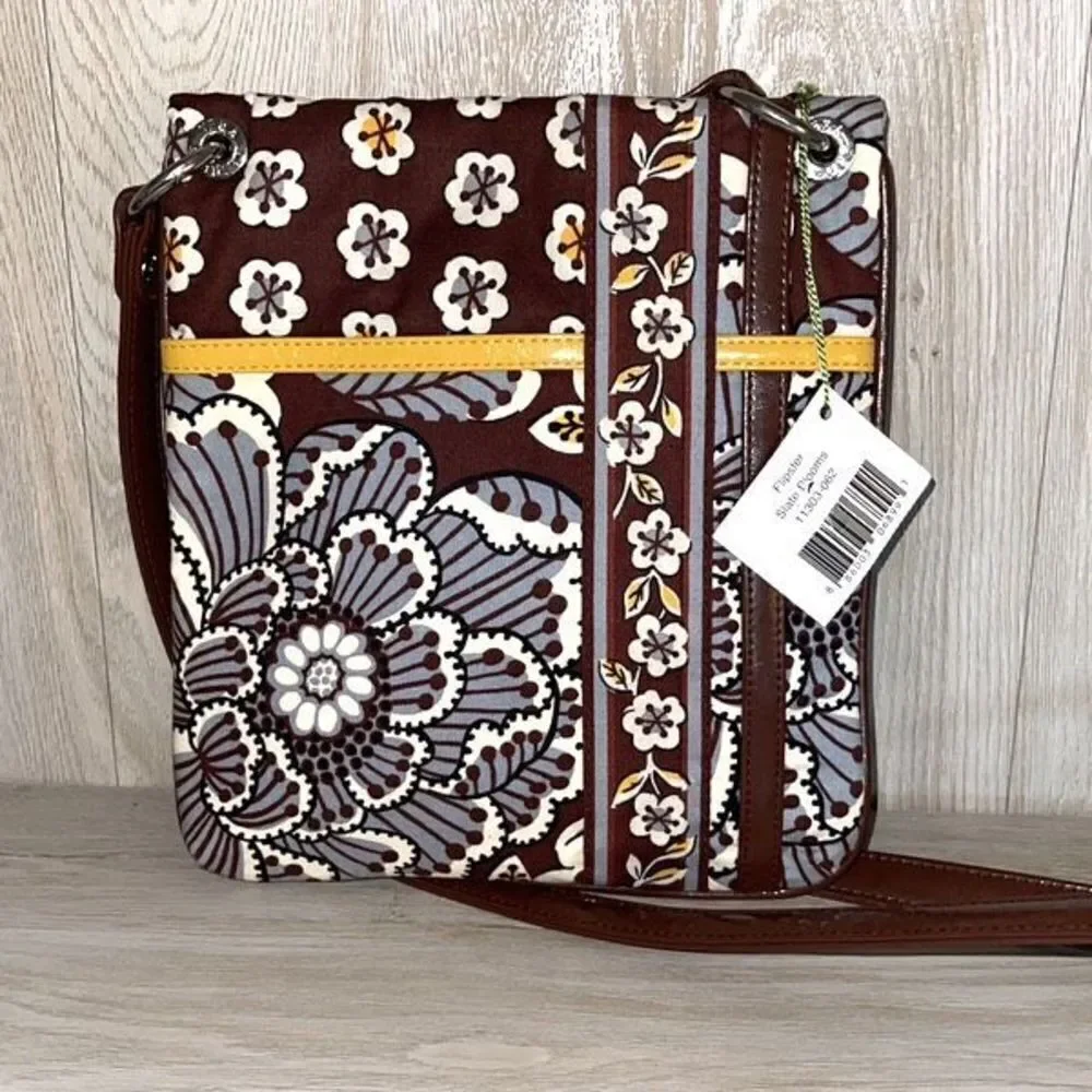 Vera Bradley Slate Blooms‎ Flipster Crossbody Bag Purse Brown & Yellow New